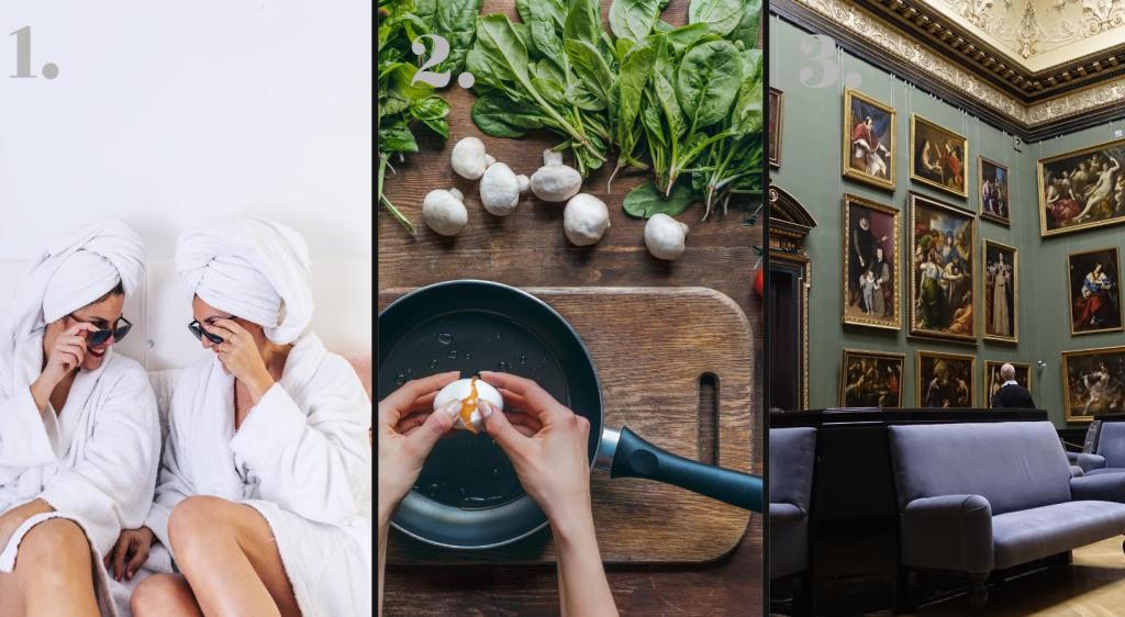 Picture showing three mother's day celebration ideas. Spa, cooking and museum outing.